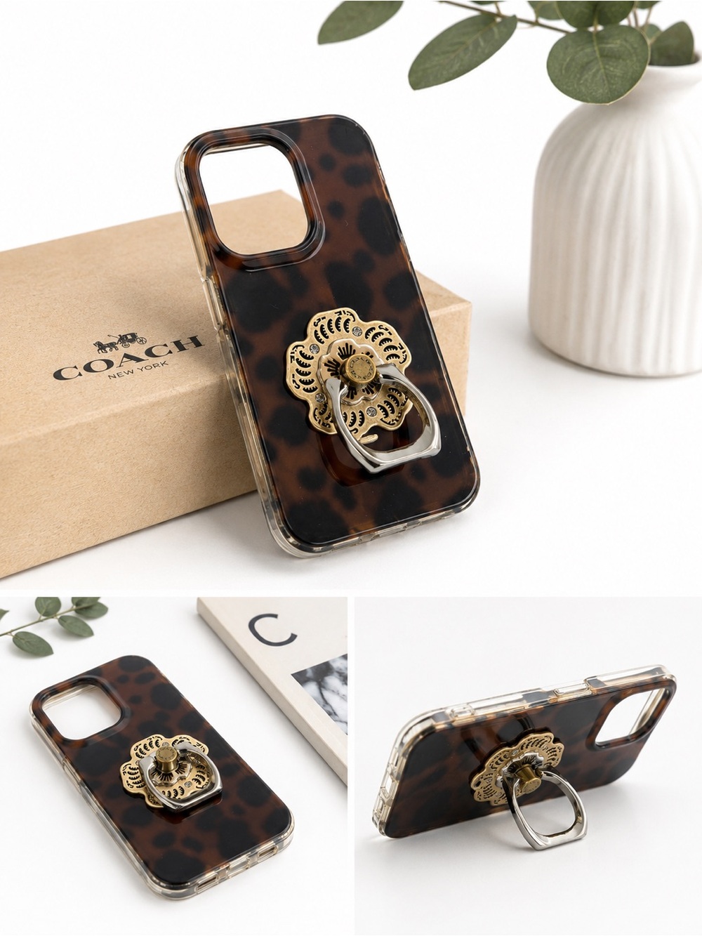 Coach Brown marbled Floral Ring Holder iPhone 16 Pro Case - Picture 1 of 11